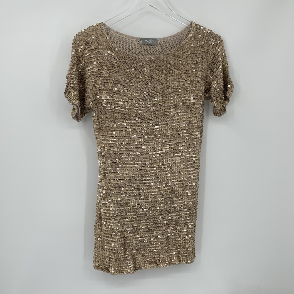 Wallis sequin crochet sweater gold metallic square short sleeve top shirt Small